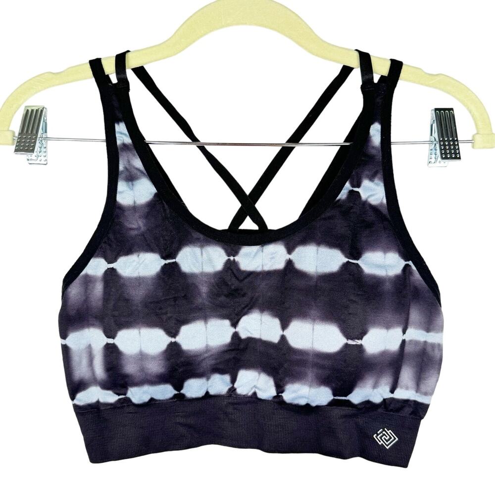 Zelos Black & Blue Tie Dye Padded Stretch Criss Cross Sports Bra Sz Large